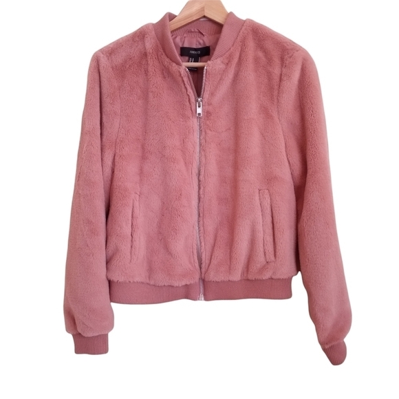 New Forever 21 Jacket Barbie Fur Vegan Top Blush Pink Zip-Up Bomber - Picture 1 of 5